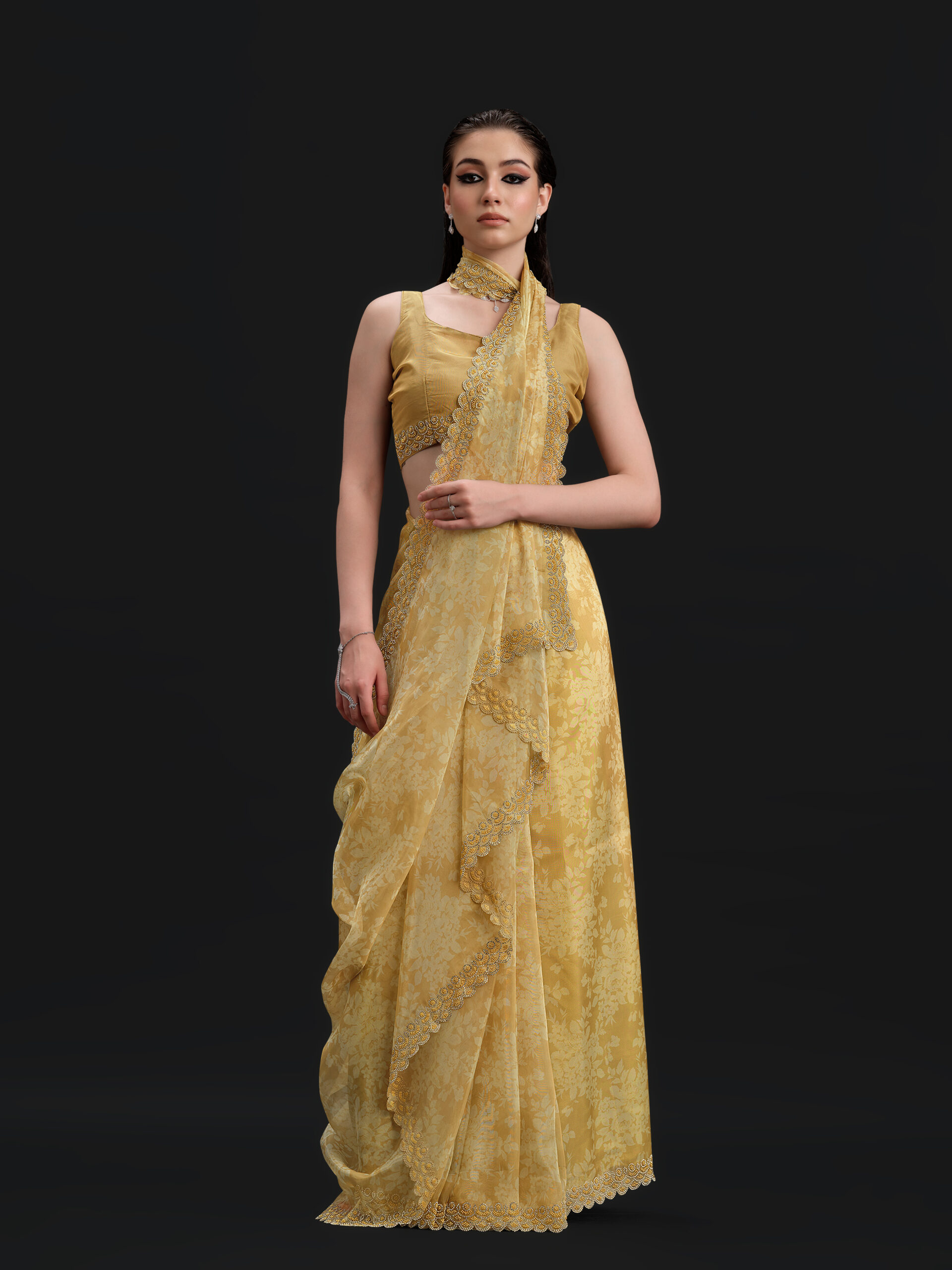 Mustard - Misted Yellow Saree with Fancy Border and Digital Print – 