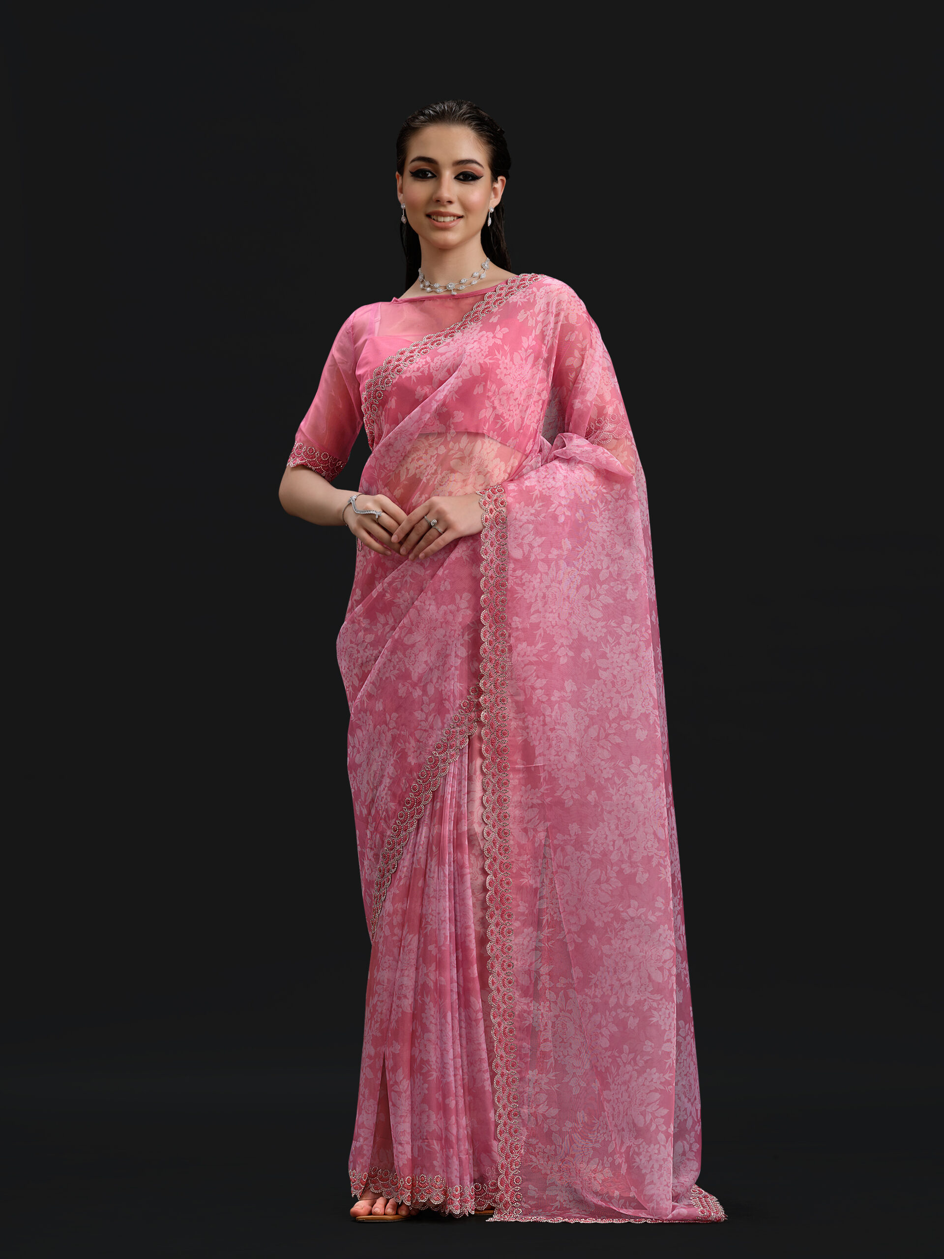 Pink - Barbie Pink Saree with Fancy Border and Digital Print – 