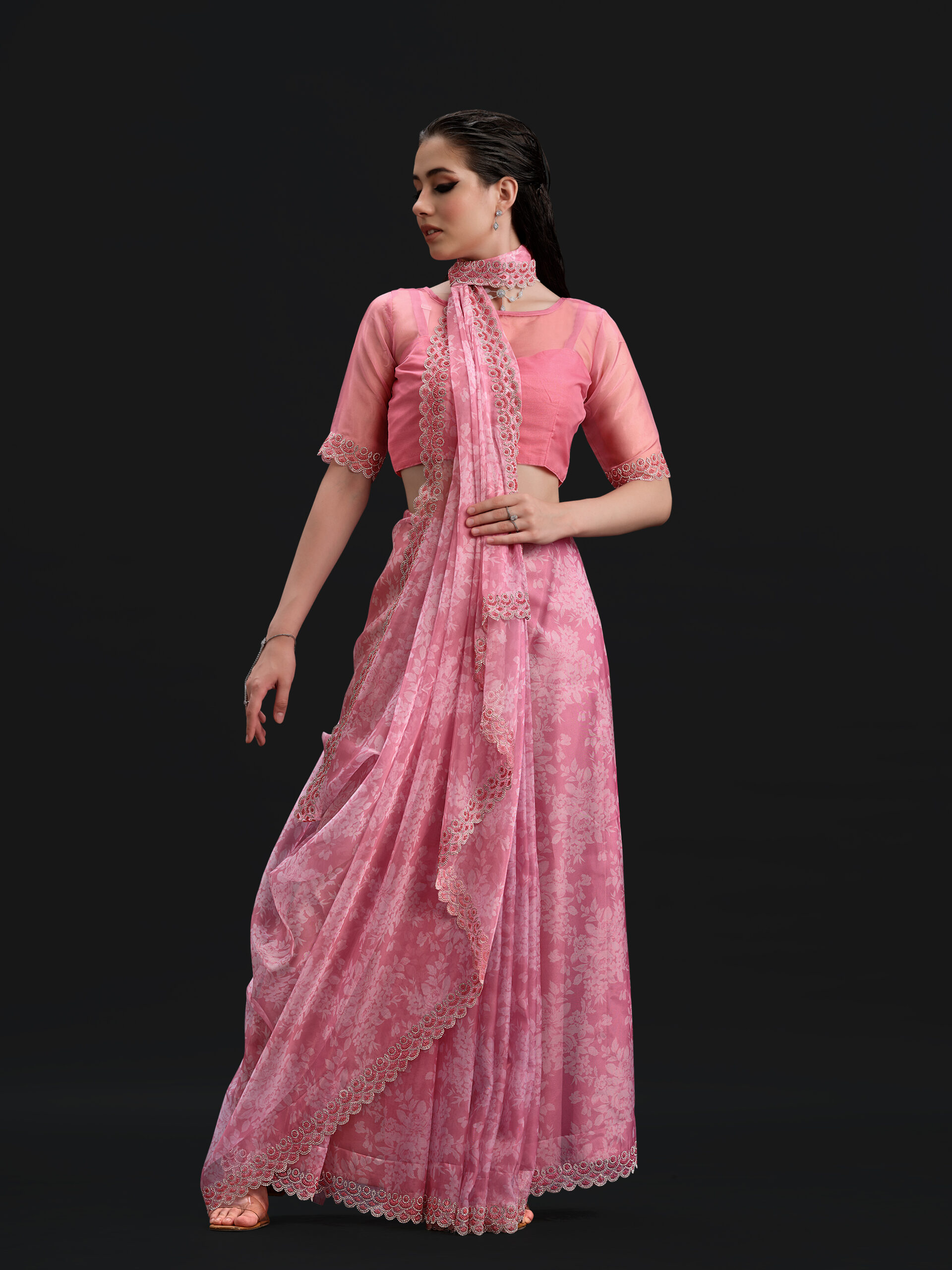 Pink - Barbie Pink Saree with Fancy Border and Digital Print – 