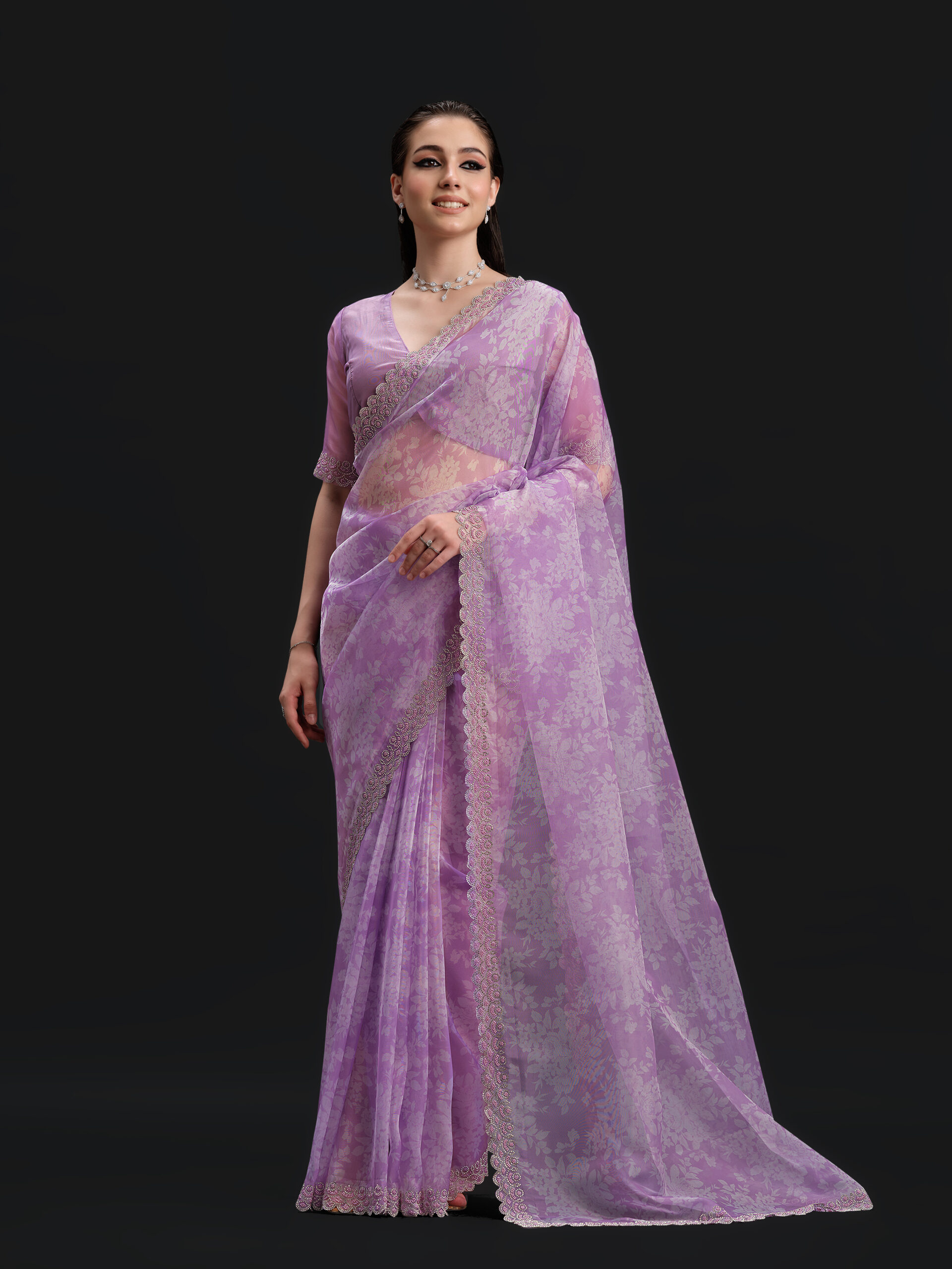 Purple - Bell Flower Saree with Fancy Border and Digital Print – 