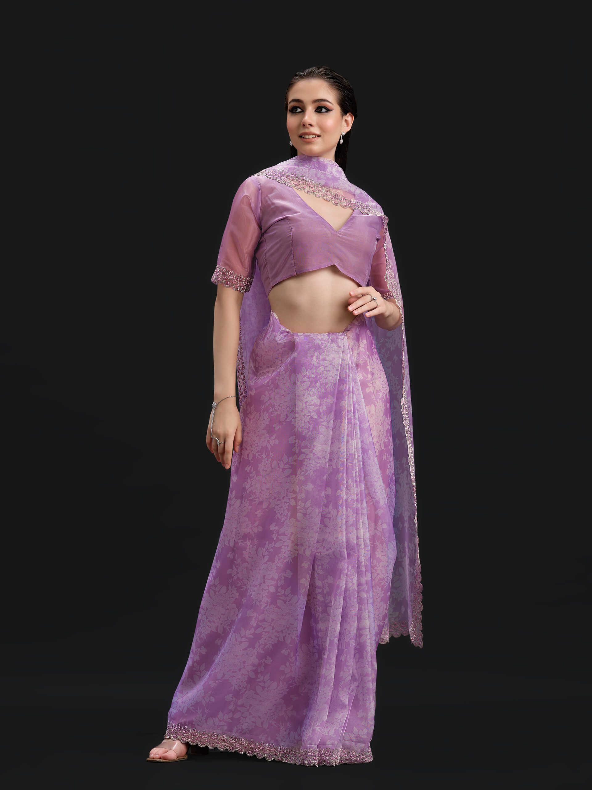 Purple - Bell Flower Saree with Fancy Border and Digital Print – 