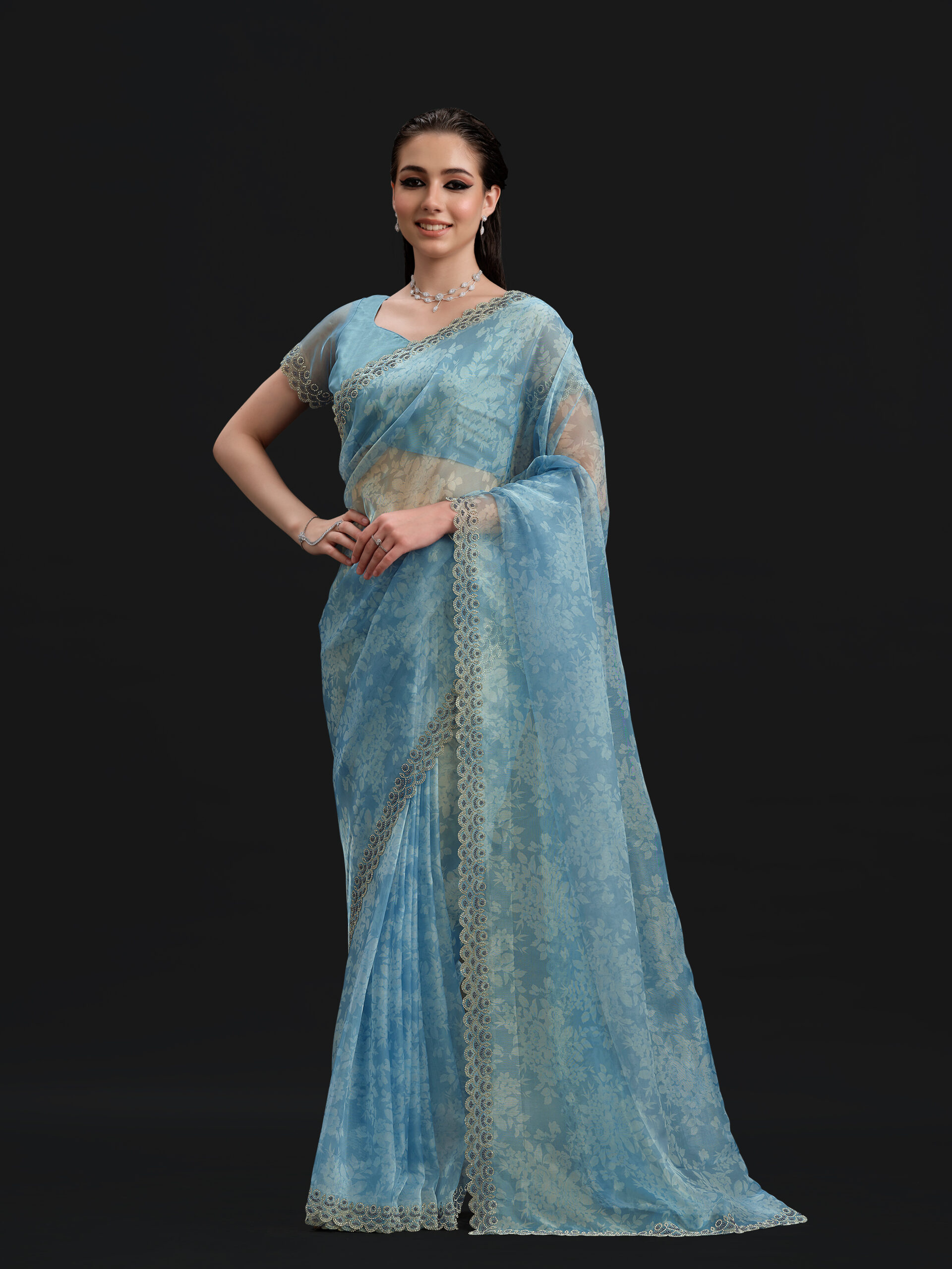Sky - Vivid Blue Saree with Fancy Border and Digital Print – 
