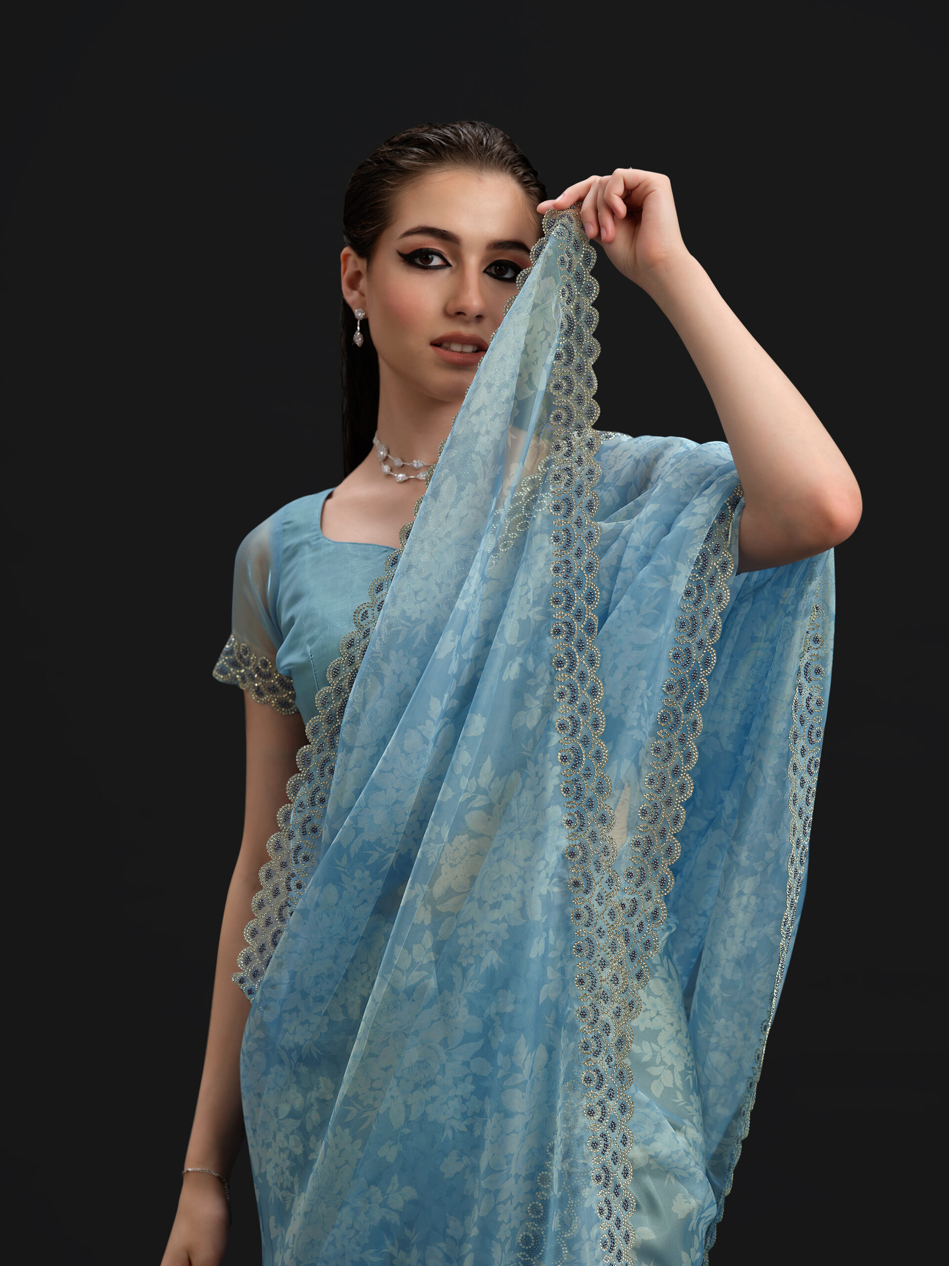 Sky - Vivid Blue Saree with Fancy Border and Digital Print – 