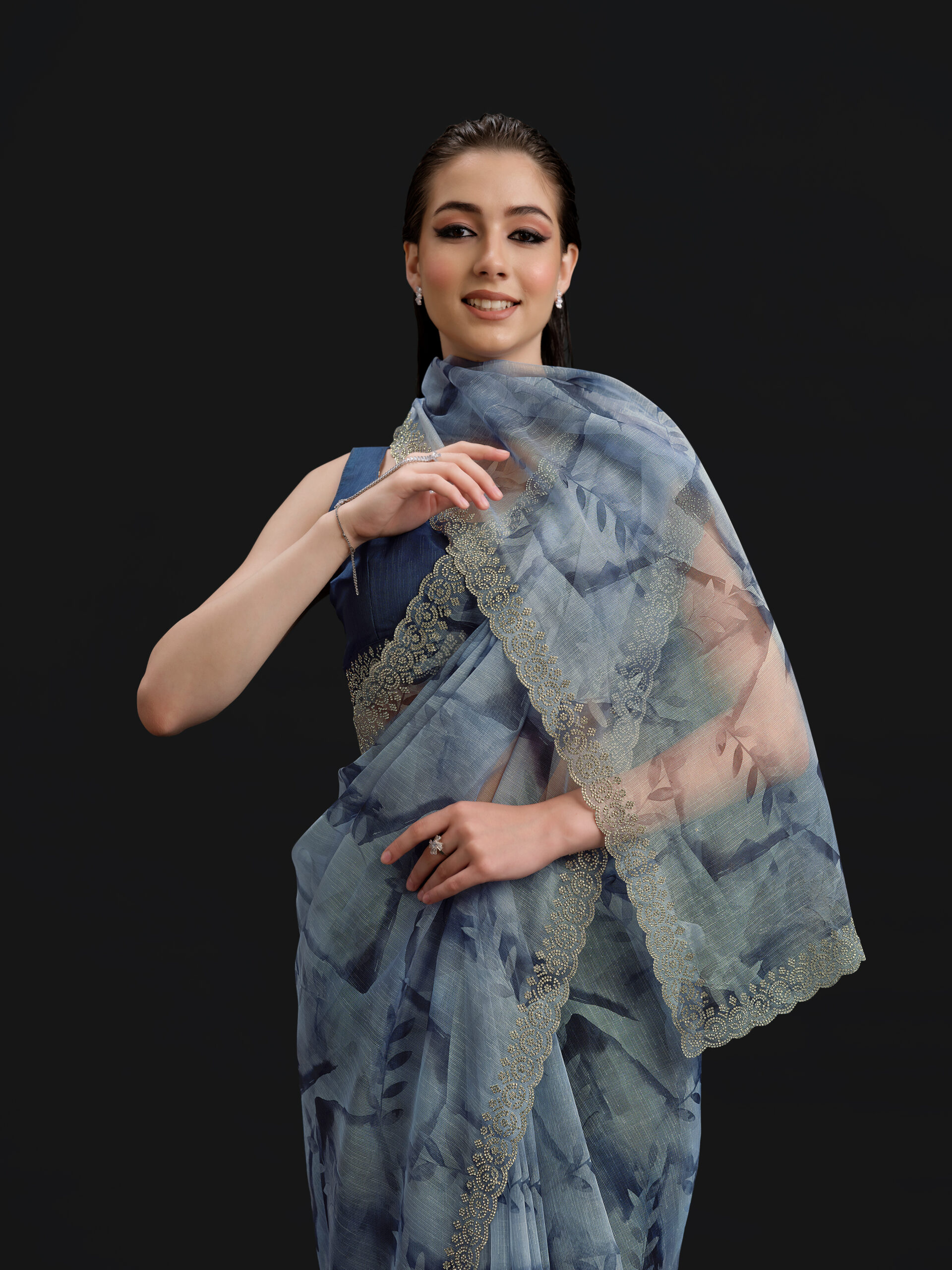 Blue - Classic Blue Saree with Fancy Border and Digital Print – 
