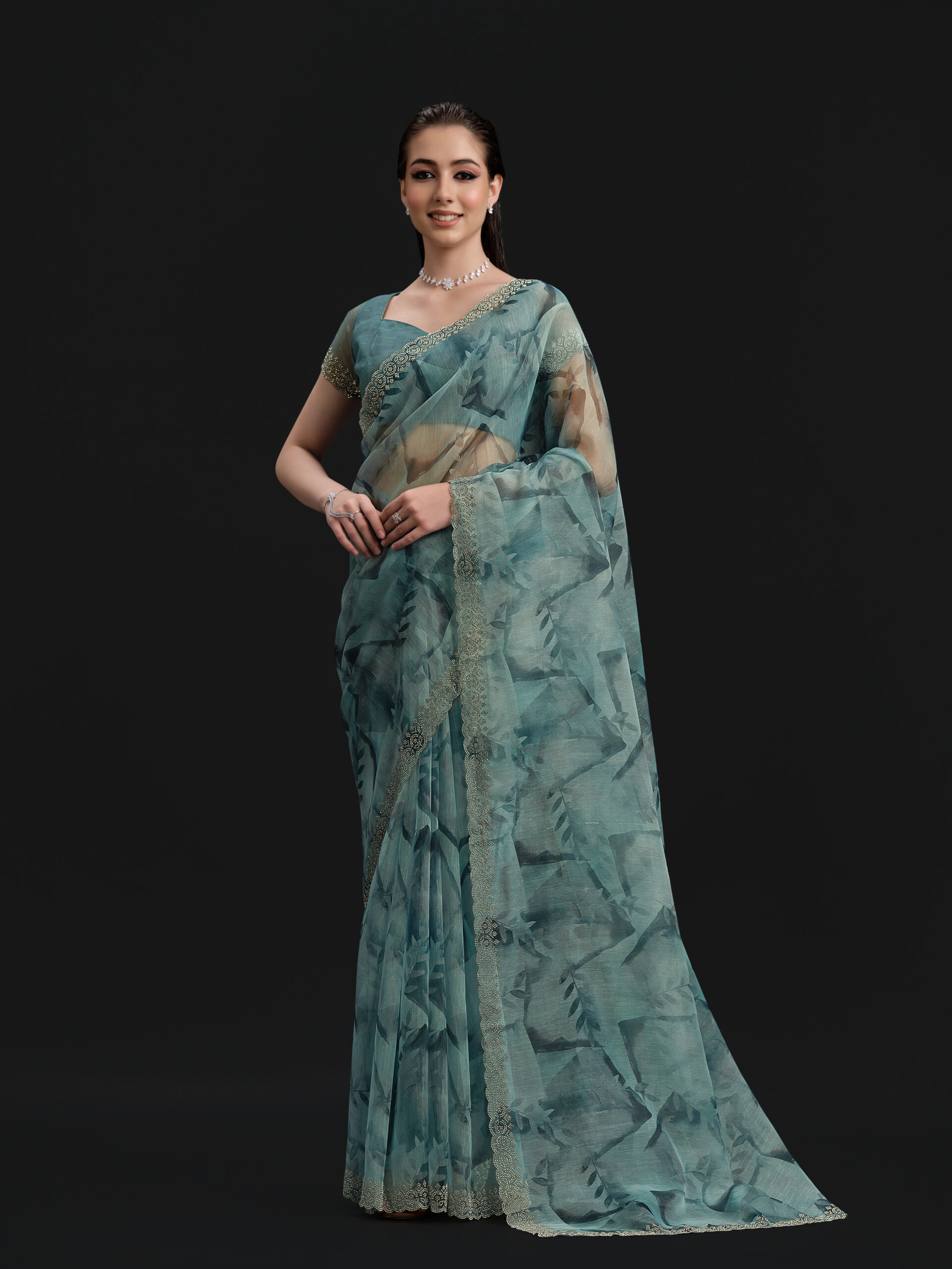 Green - Emerald Saree with Fancy Border and Digital Print – 