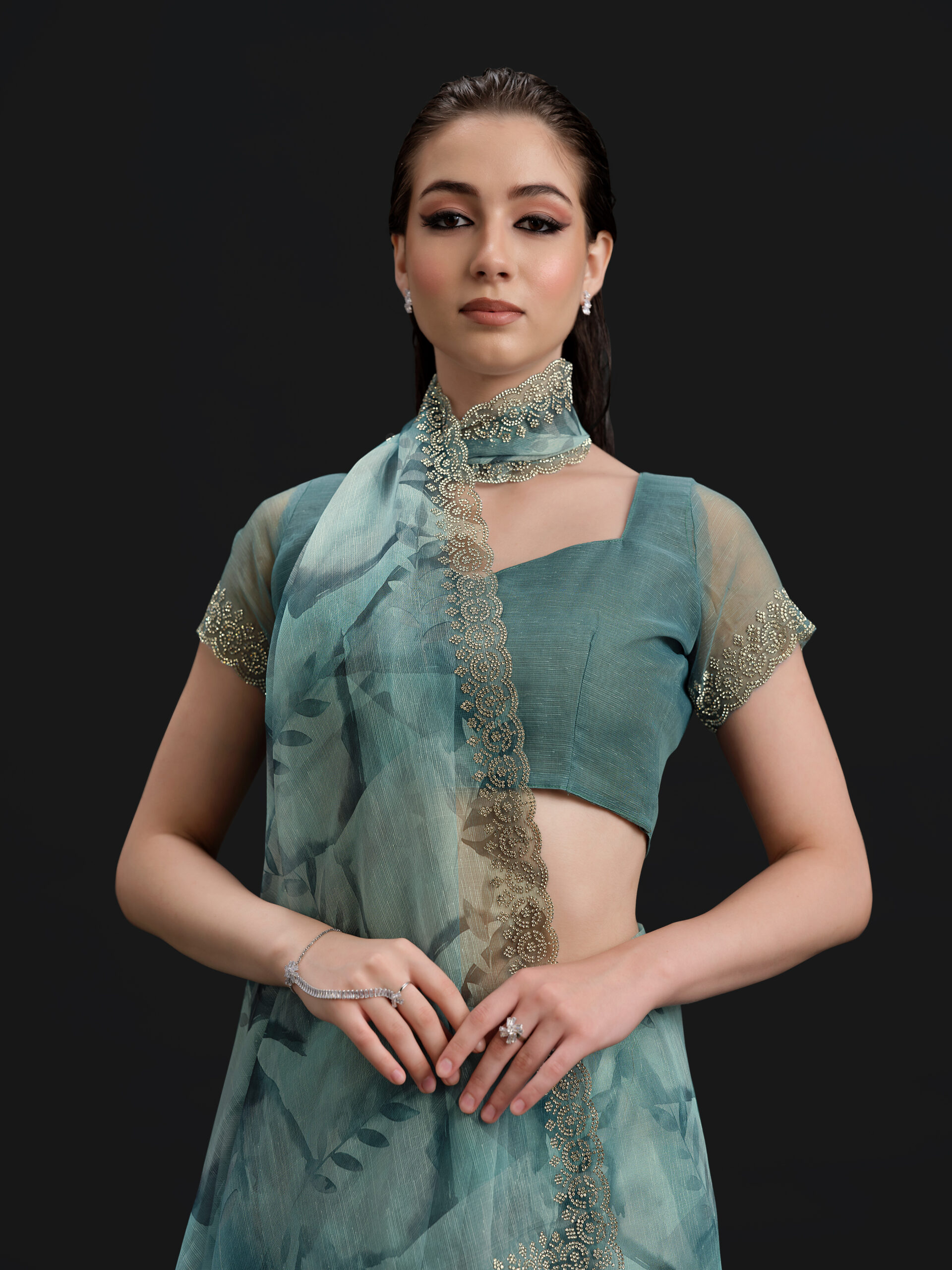 Green - Emerald Saree with Fancy Border and Digital Print – 