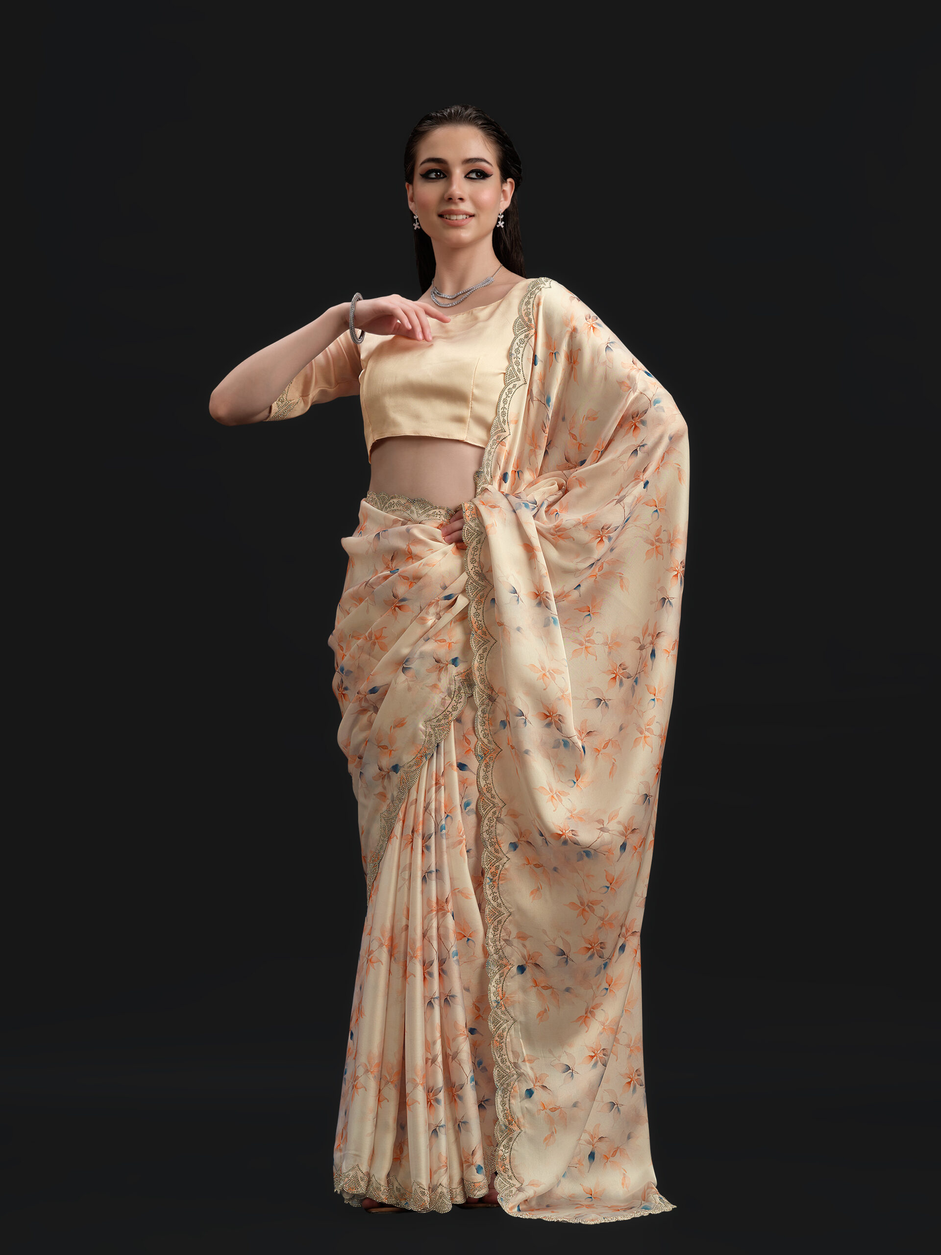 Peach - Papaya Saree with Fancy Border and Digital Print – 