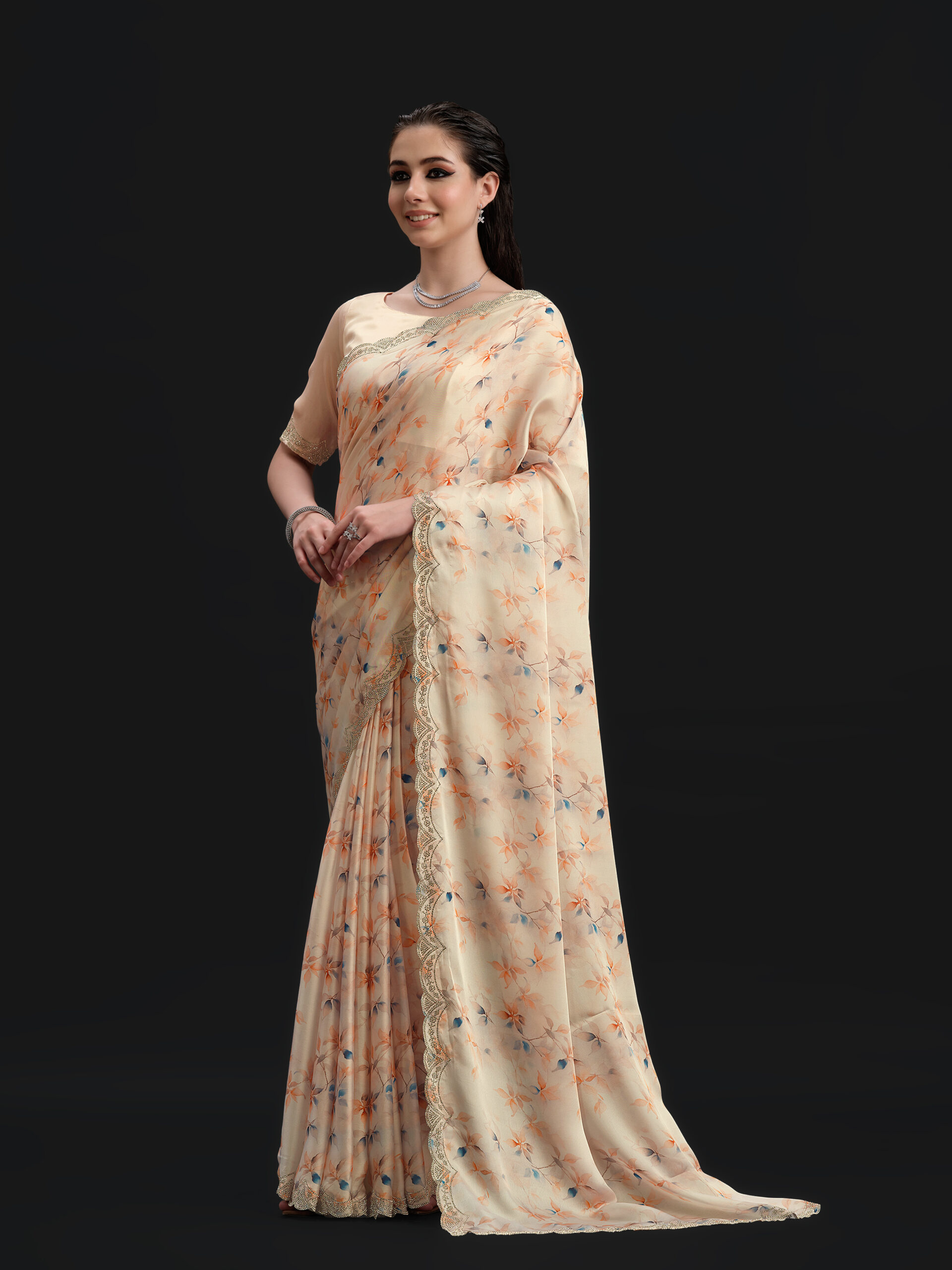 Peach - Papaya Saree with Fancy Border and Digital Print – 