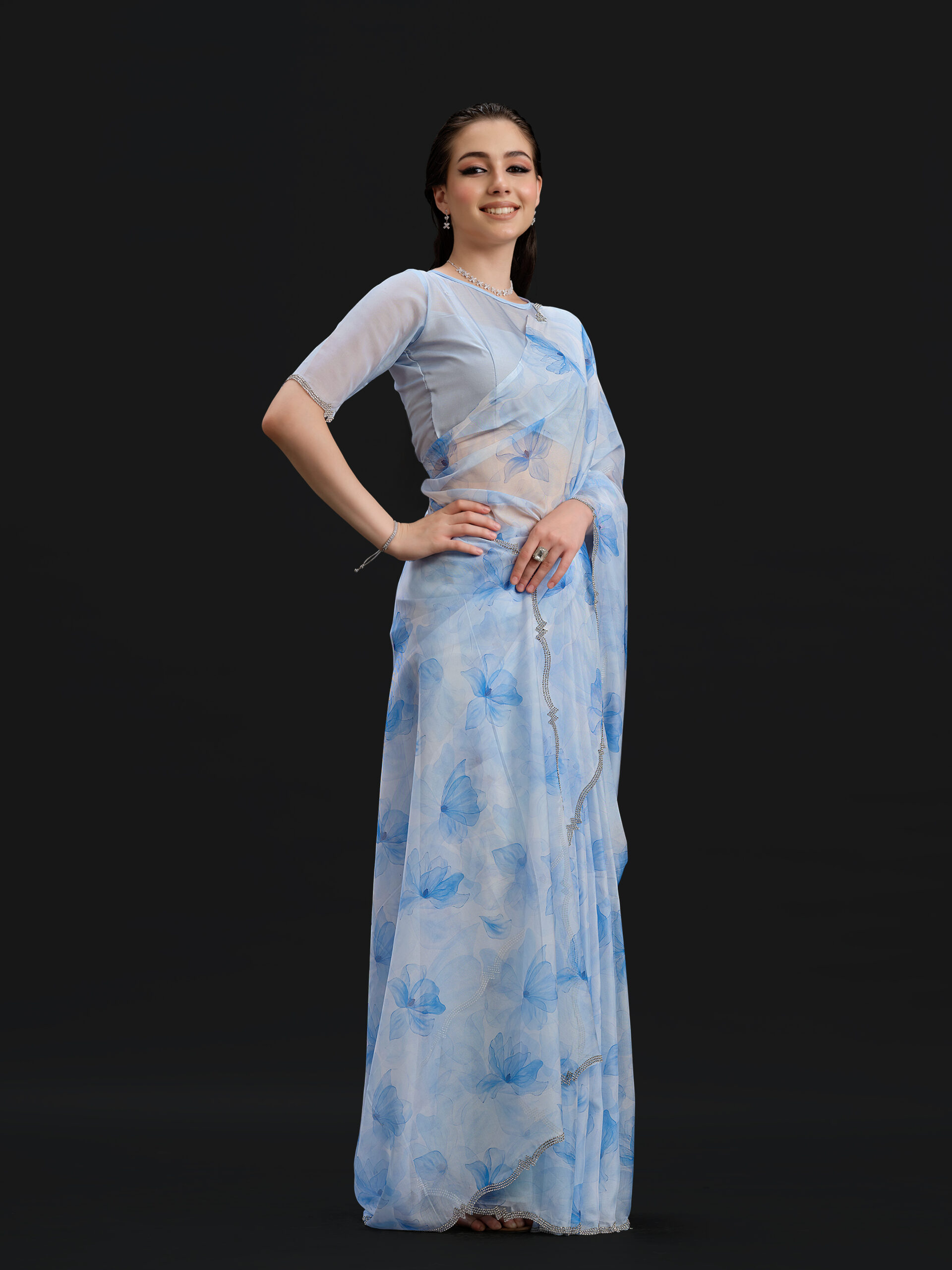 Blue - Placid Blue Saree with Fancy Border and Digital Print – 