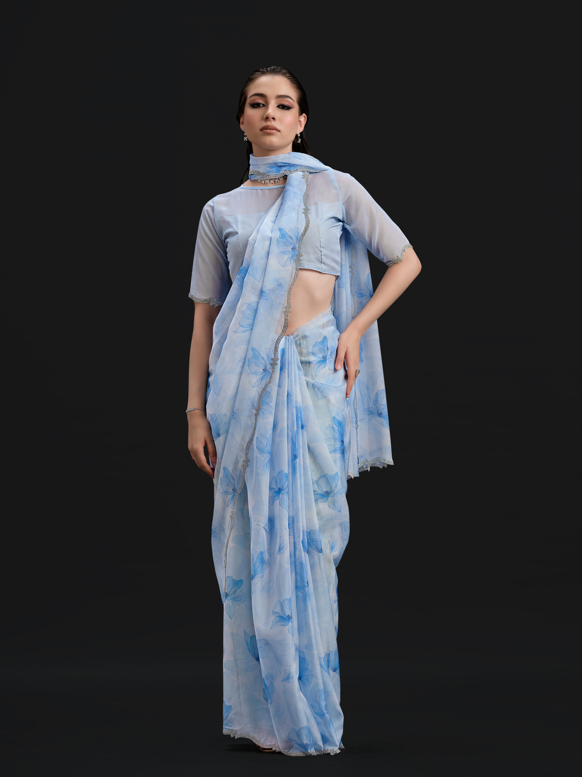 Blue - Placid Blue Saree with Fancy Border and Digital Print – 