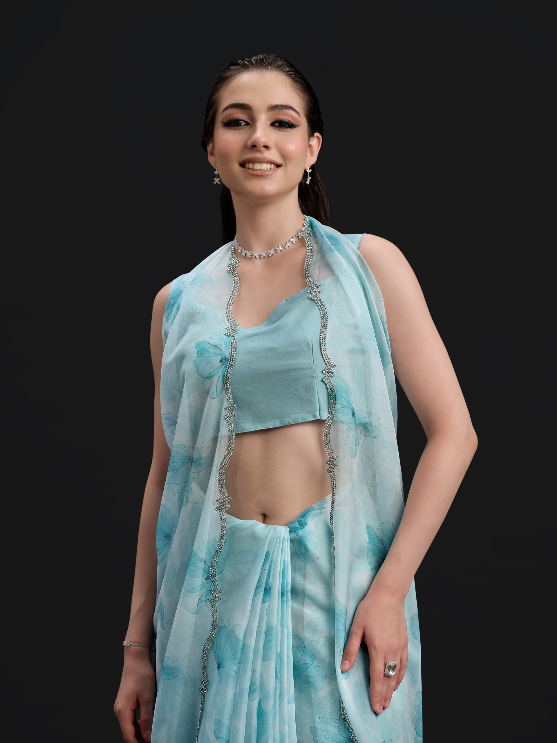 Green - Tropical Green Saree with Fancy Border and Digital Print – 