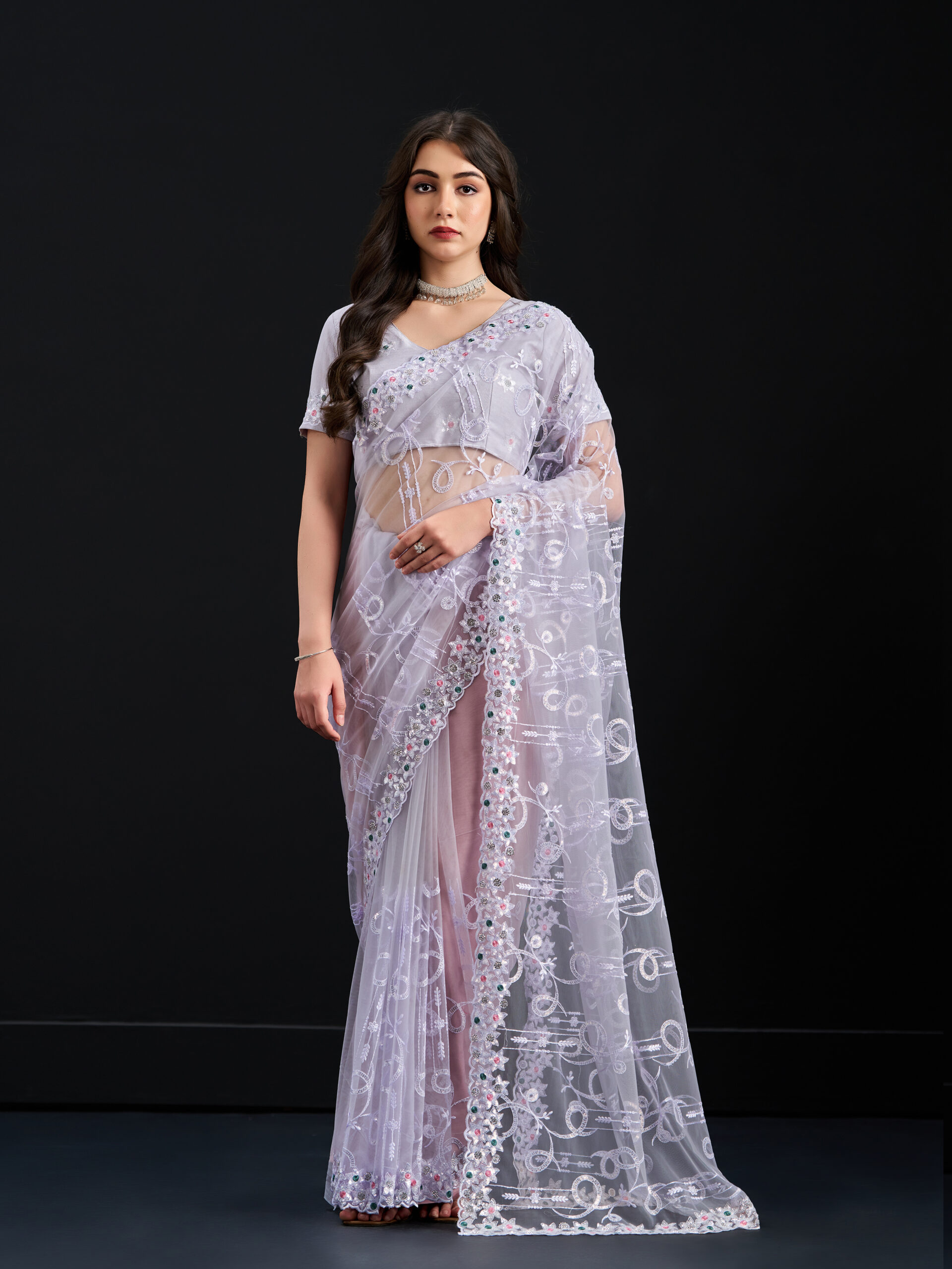 Lavender-Misty Lilac Saree with All-Over Embroidery