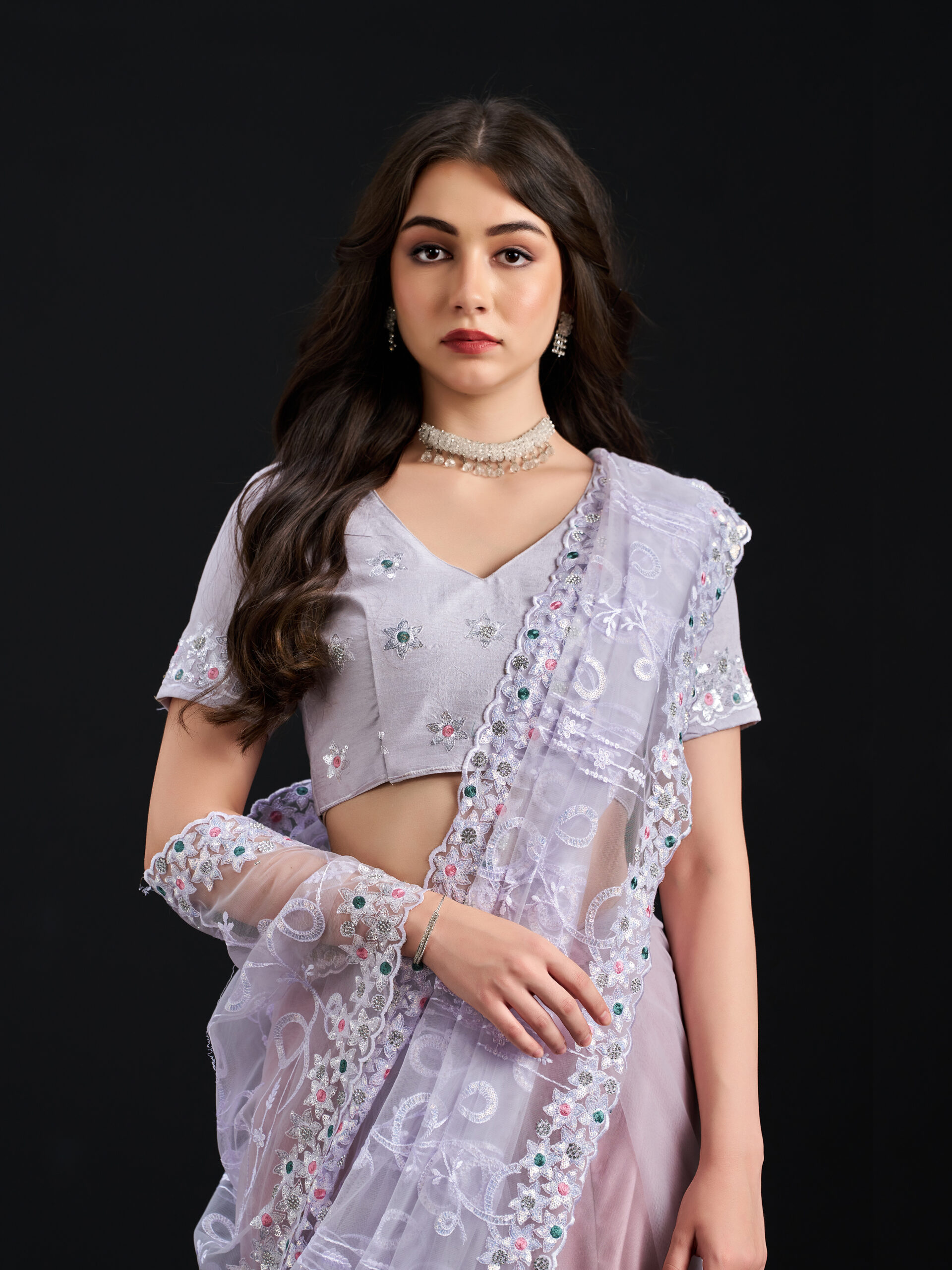 Lavender-Misty Lilac Saree with All-Over Embroidery