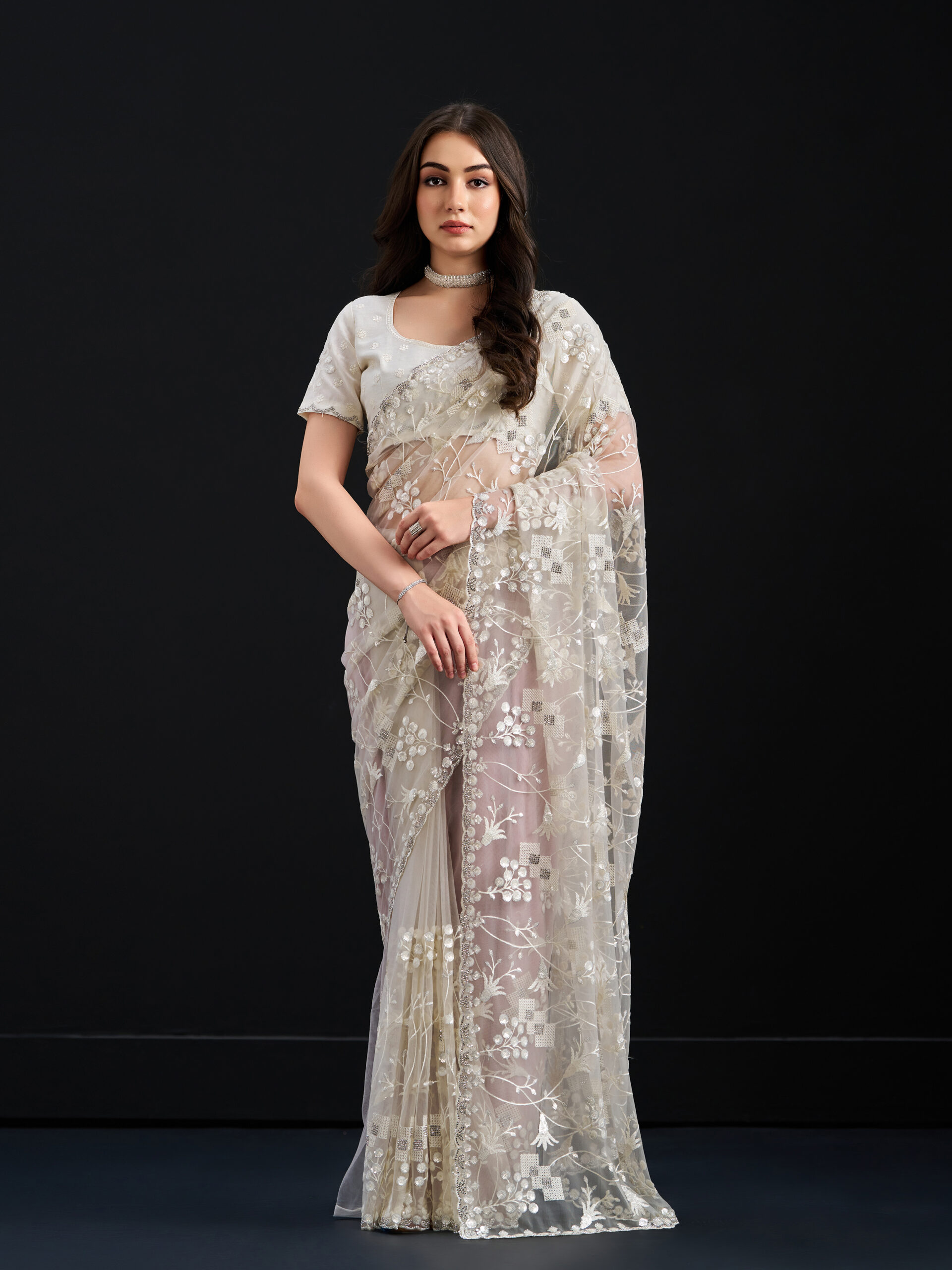Cream - After Glow Saree with All-Over Embroidery