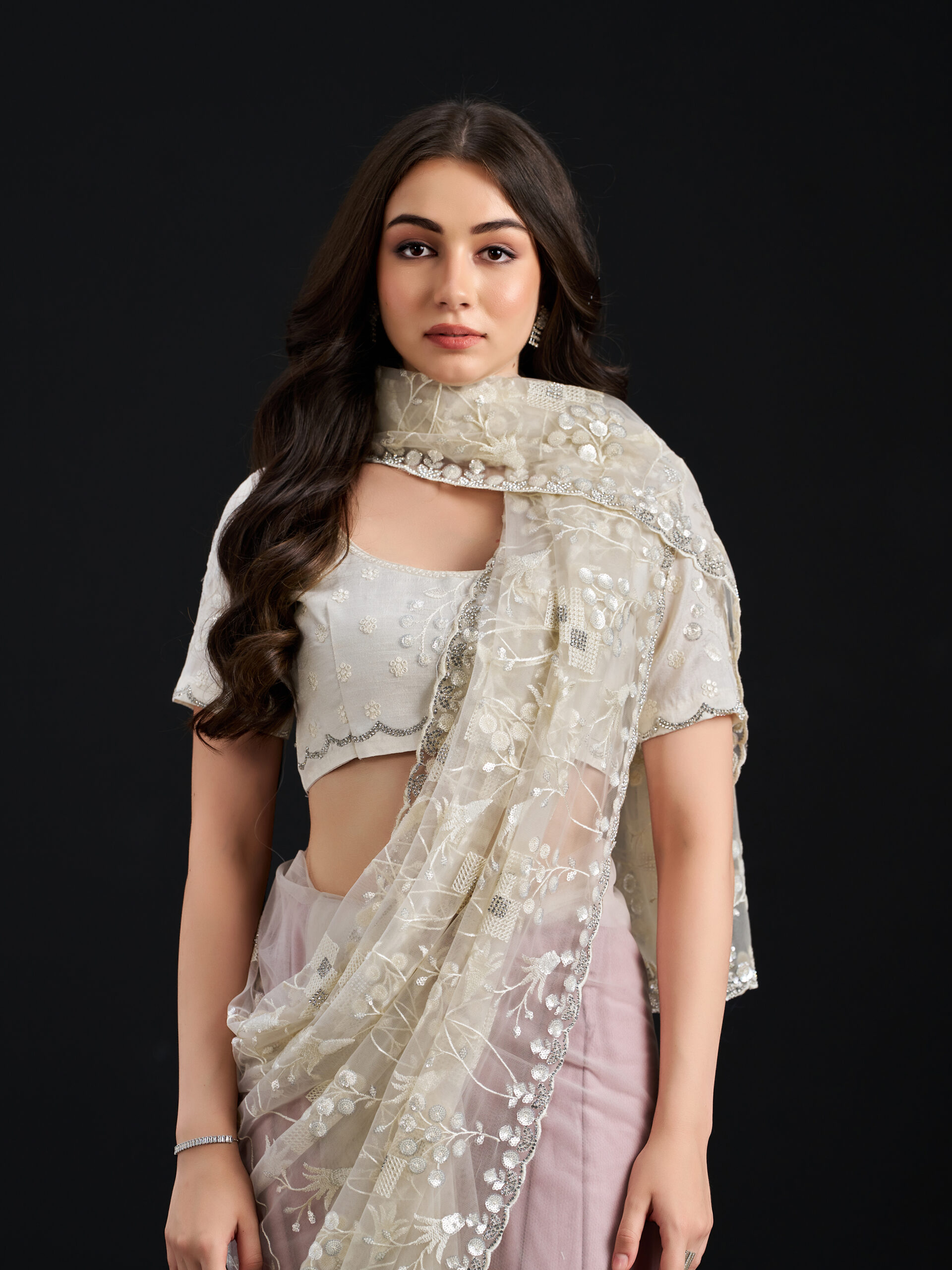 Cream - After Glow Saree with All-Over Embroidery