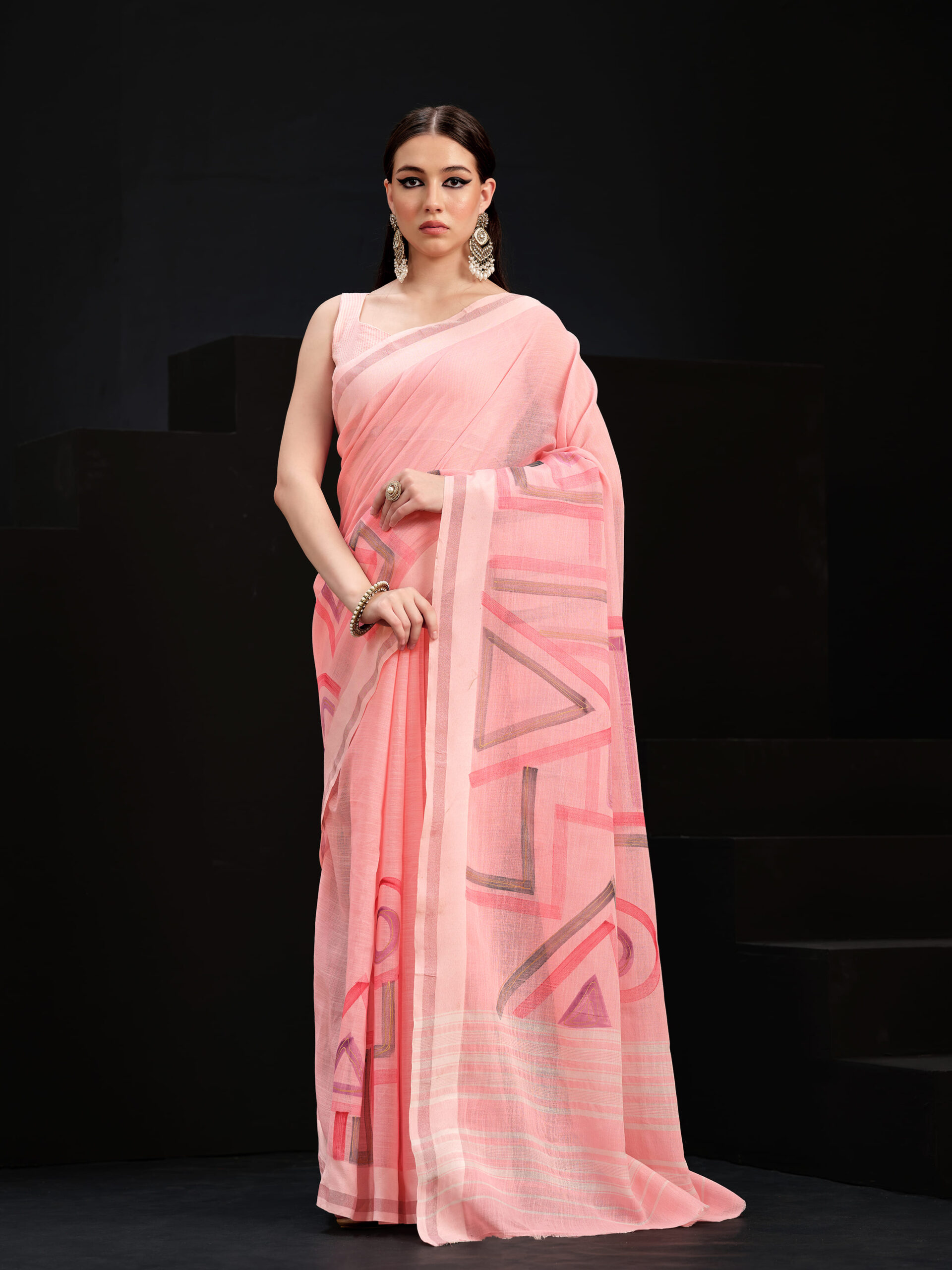 Candy Pink Linen Saree with Hand Print & Simple Design – 