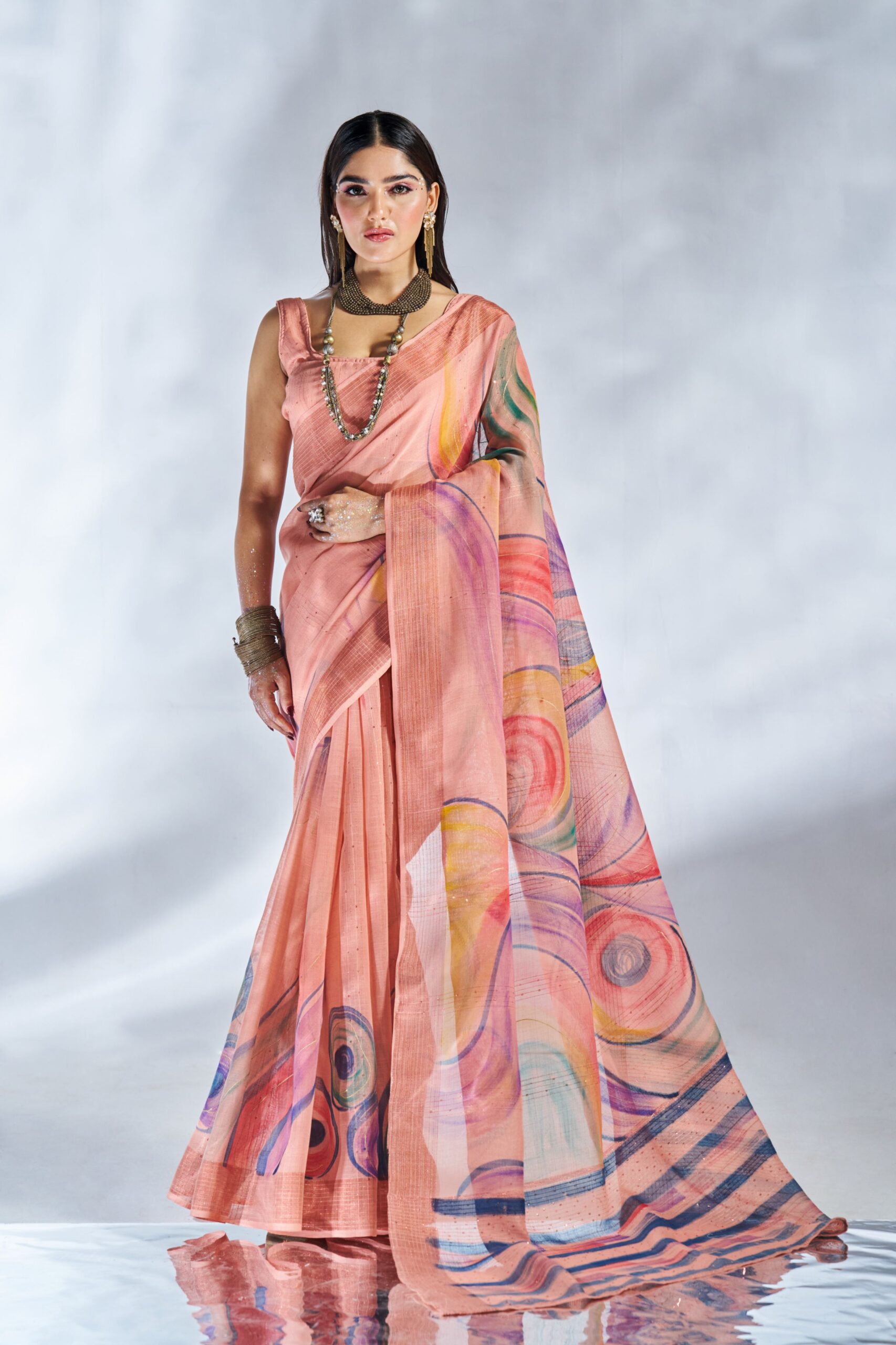 Pink Linen Saree with Hand Print Design – 