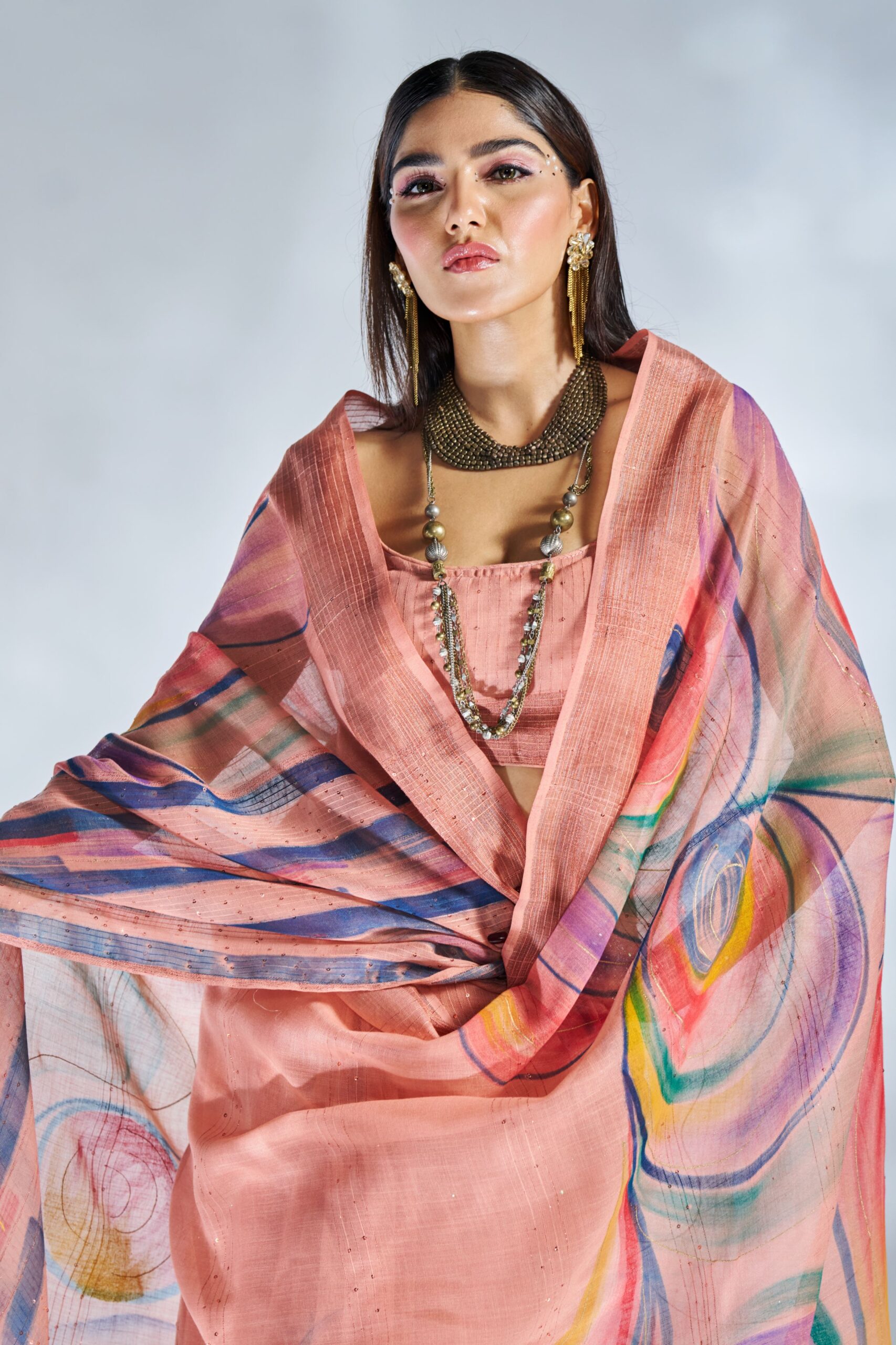 Pink Linen Saree with Hand Print Design – 