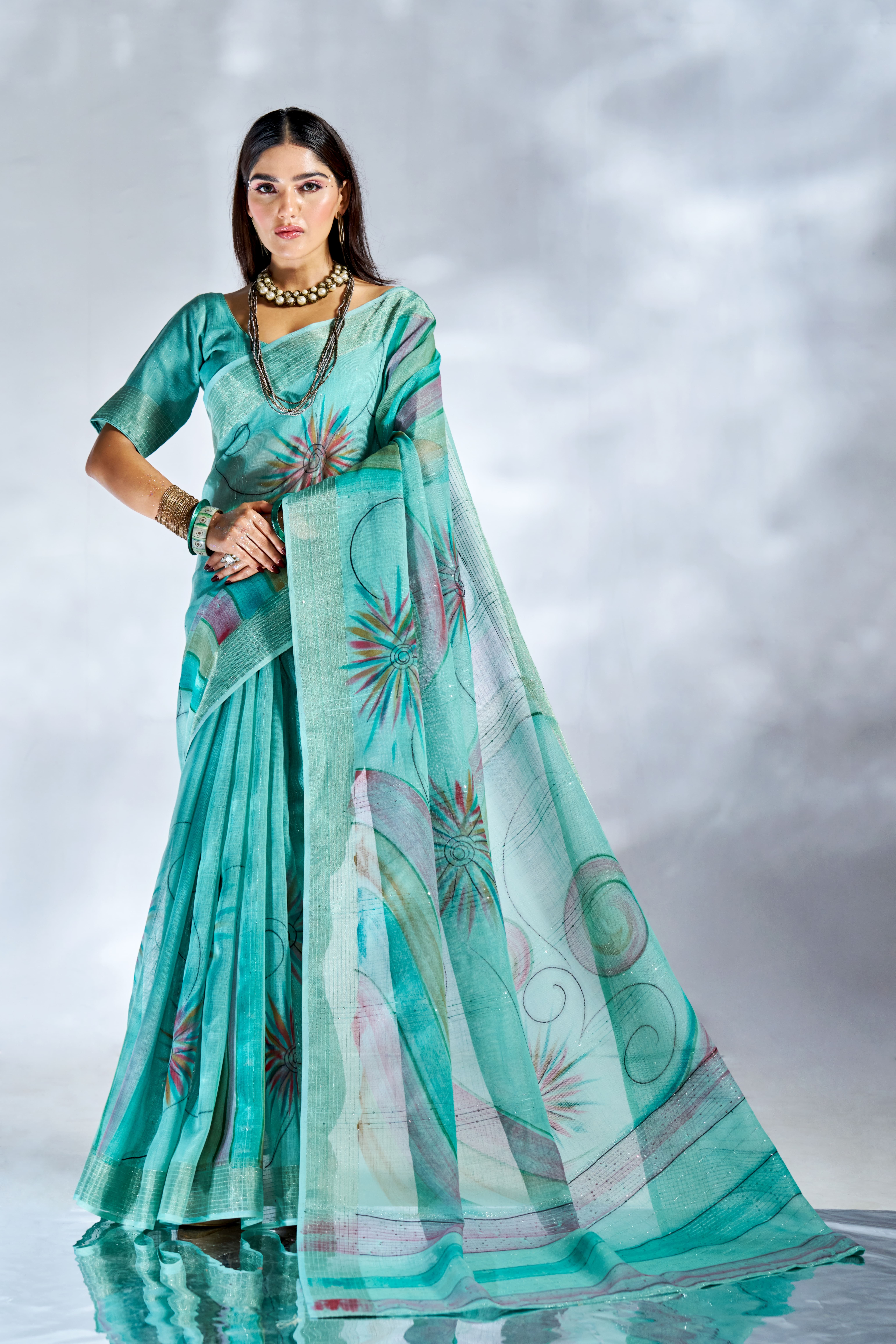 Dusty Teal Linen Saree with Hand Print Design – 