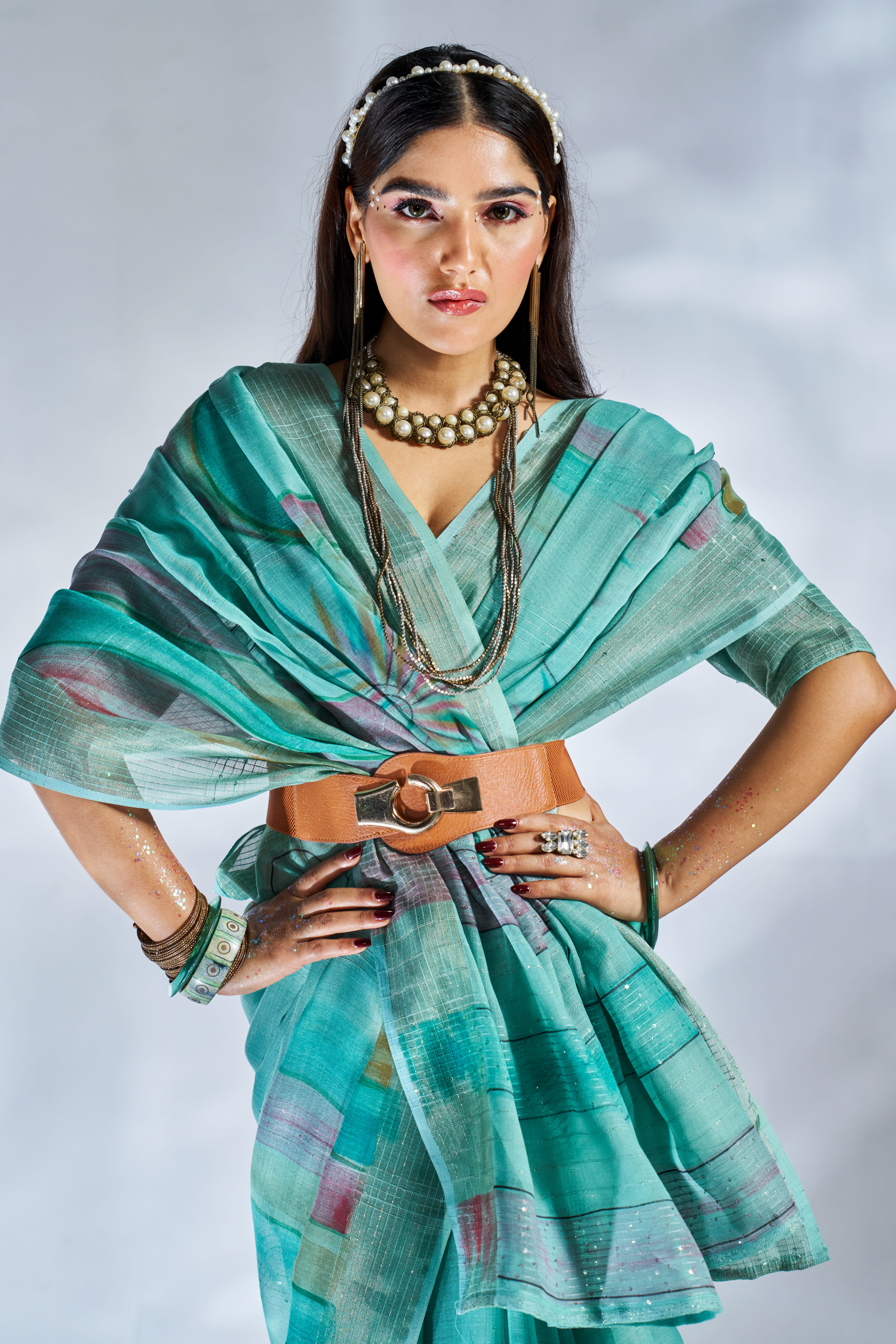 Dusty Teal Linen Saree with Hand Print Design – 