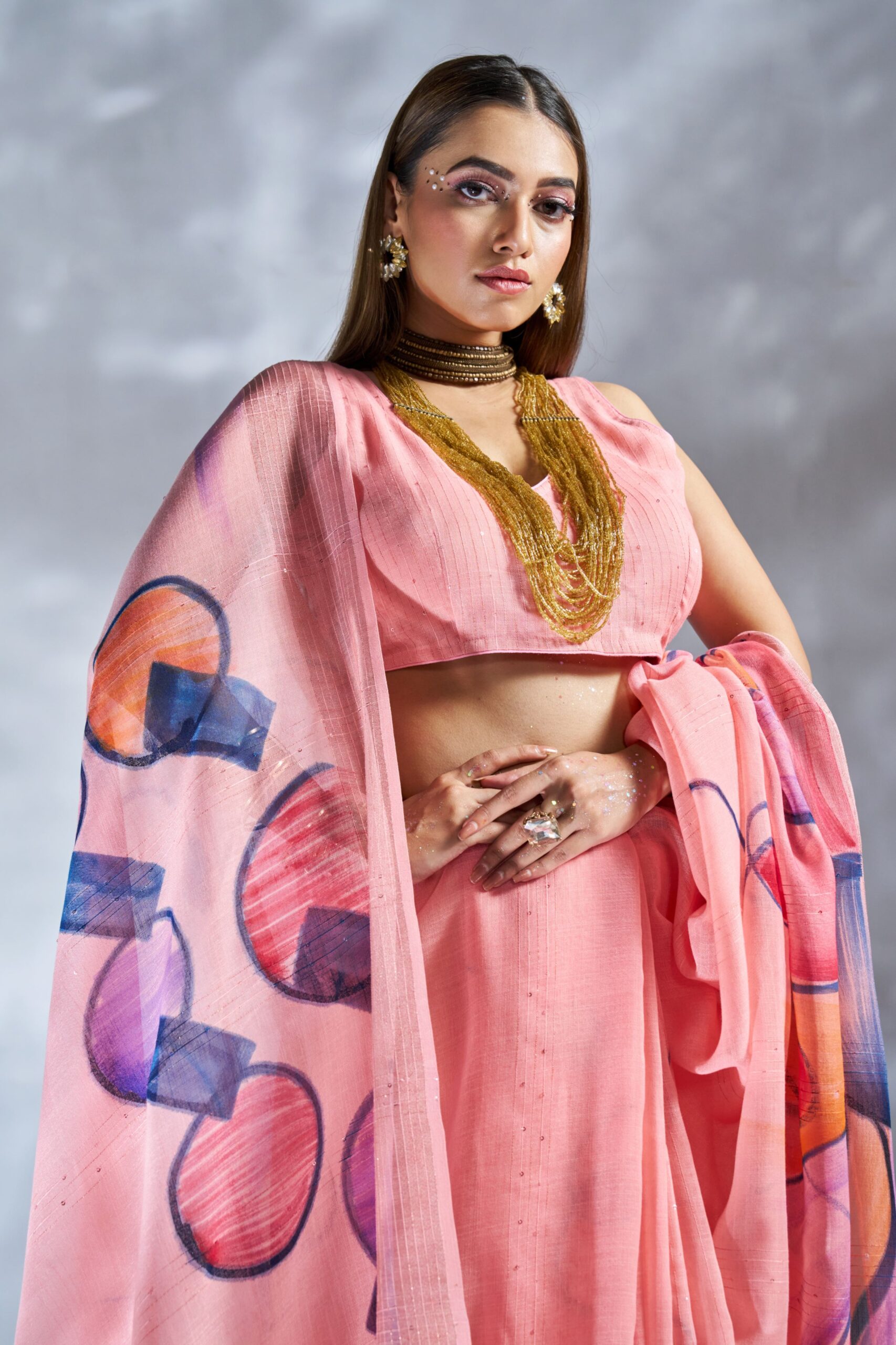Peach Linen Saree with Hand Print Design – 